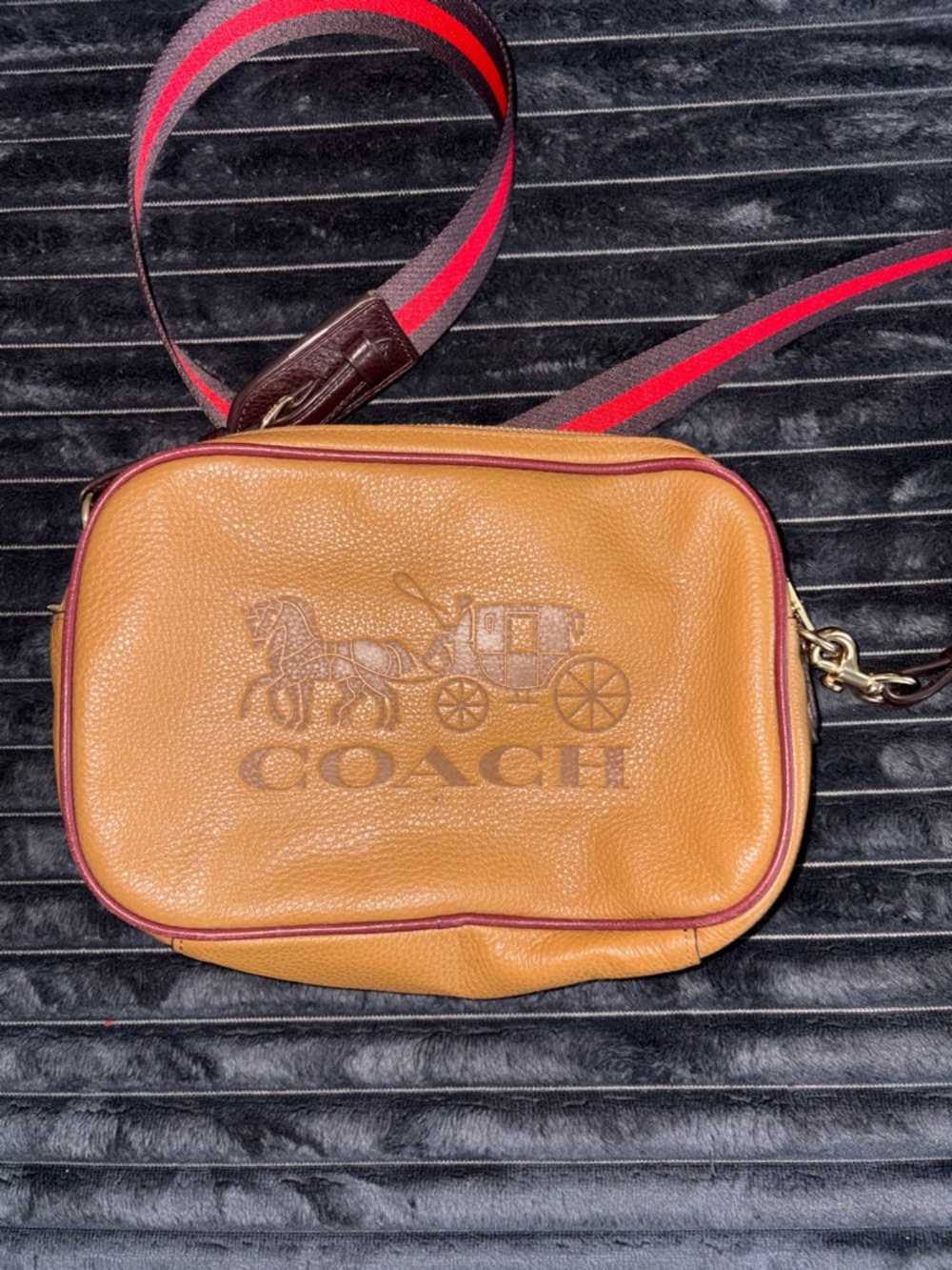 Coach Tan Pebbled Leather Crossbody with Red-Trim Web Strap